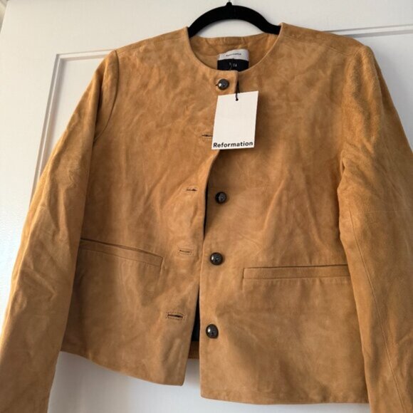 NWT Reformation Veda Reed Jacket Sz Small In Parmesan Suede Leather Collarless - Picture 5 of 9